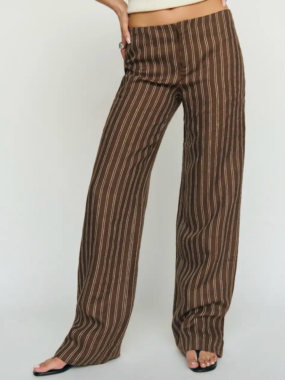 Reformation Vida Low-Rise Linen Pants Boardwalk Stripe Brown Cream Size 6